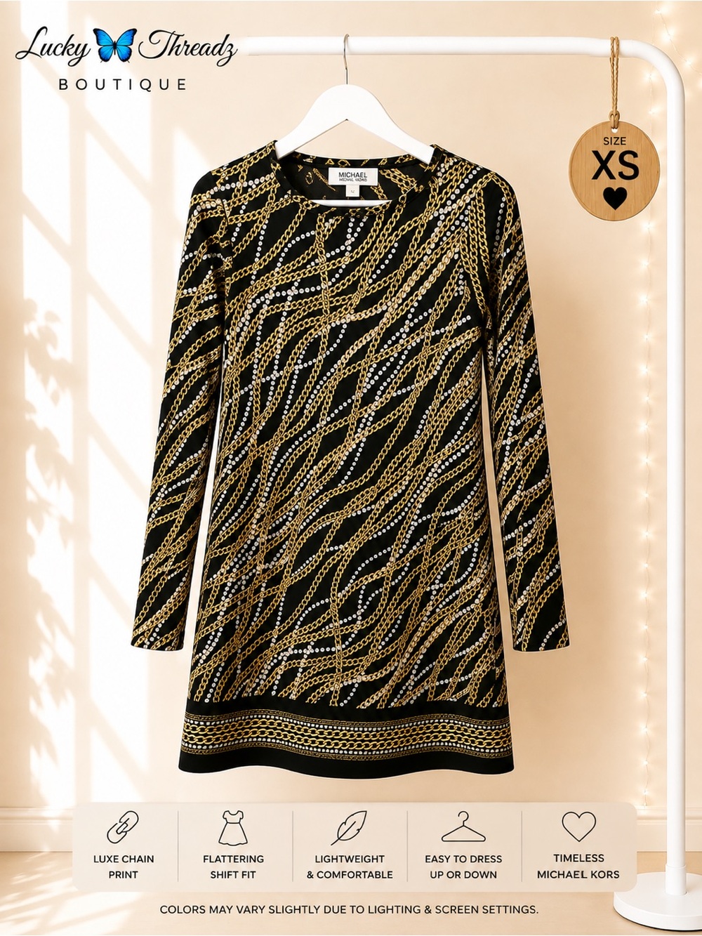 Michael Kors Black & Gold Chain & Pearl Print Shift Dress